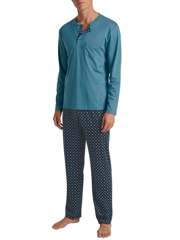 CALIDA Relax Choice Men's 100% Supima Cotton Long Pyjamas with Fabric Covered Elastic Waistband, Storm Blue, 46-48