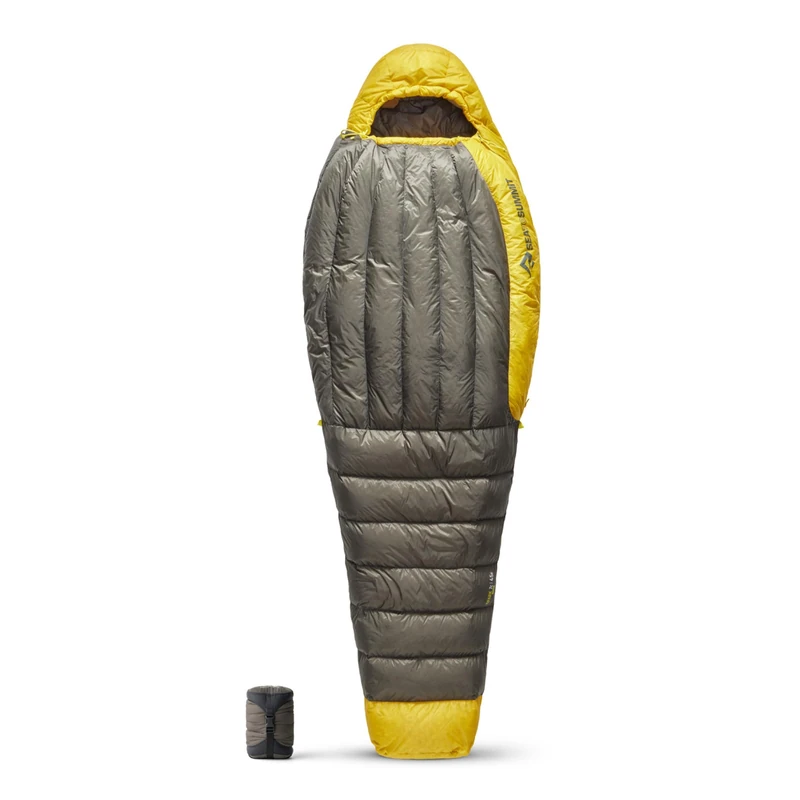 Sea to Summit - Spark Ultralight Down Sleeping Bag Long (7°C) - Mummy Shaped - Full Length - 850+ Loft Ultra-Dry Down - 1 Season - For Backpacking - Grey & Yellow - 387g