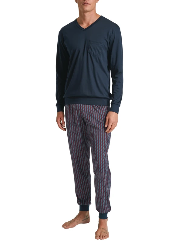 CALIDA Relax Streamline Men's Cuffed Pyjamas 100% Cotton Trousers with Fabric-Covered Elastic Waistband, Dark Sapphire, 46-48