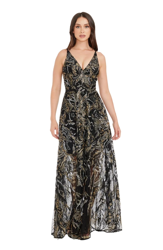 Dress the Population Women's Ariyah Fit and Flare Maxi Dress Special Occasion, Black Multi, XXS