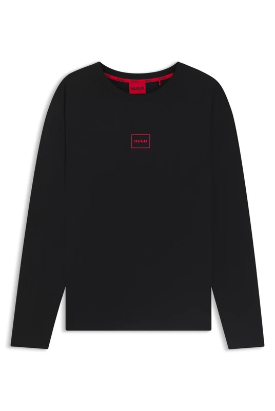 HUGO Mens Laze Longsleeve Logo-Print T-Shirt in Stretch Cotton Black - Image 1
