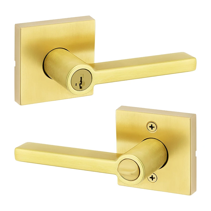 Kwikset Halifax Entry Door Handle with Lock and Key, Secure Keyed Reversible Lever Exterior, for Front Entrance and Bedrooms, Satin Brass, Pick Resistant Smartkey Rekey Security and Microban