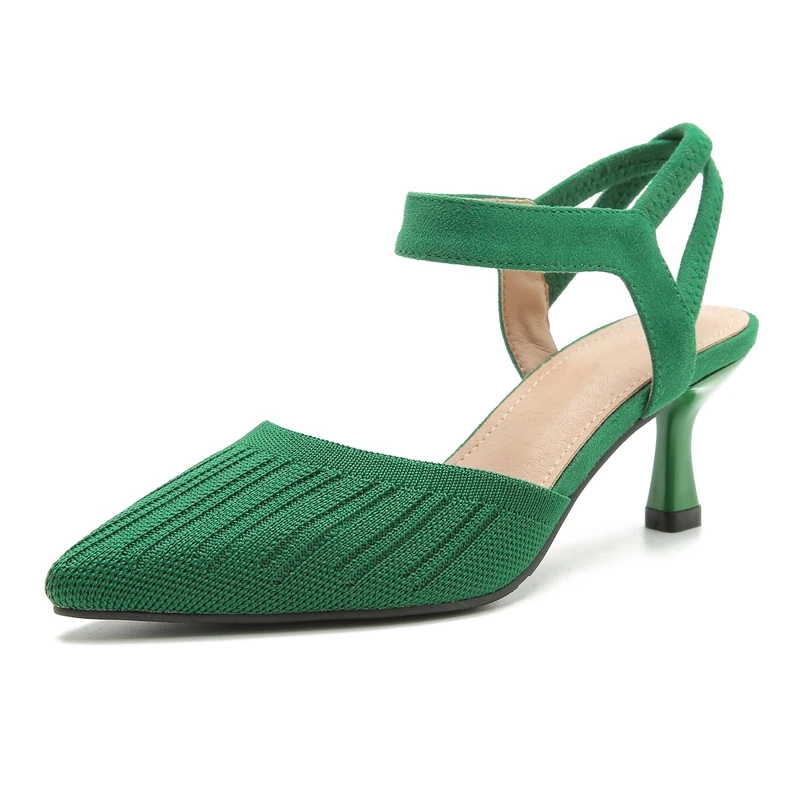 fereshte Women's Low Kitten Heels Knit Pumps Elastic Ankle Strap Slingback Dress Shoes, Green, 6 UK