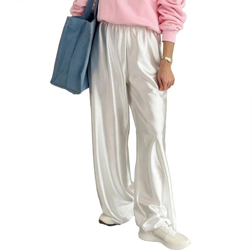 XIBAOBAO Women Satin Wide Leg Dress Pants Silk Casual Dressy Long Flowy Pants Elastic High Waisted Trousers, White, M
