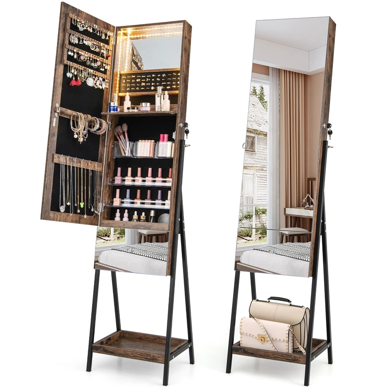 COSTWAY Jewellery Cabinet with Mirror, Mirror Cabinet Lockable with 3 Coloured LED Lights, Drawers & Shelf, Jewellery Organiser Freestanding for Bedroom, Living Room (Brown)