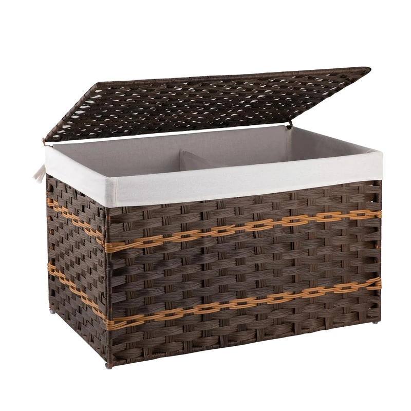 OIAHOMY Storage Basket with Lid, 27.7 Gallon (105L) Blanket Basket with Removable Liner Bag, Synthetic Wicker Hamper with Handle, Hamper for Living Room, Brown