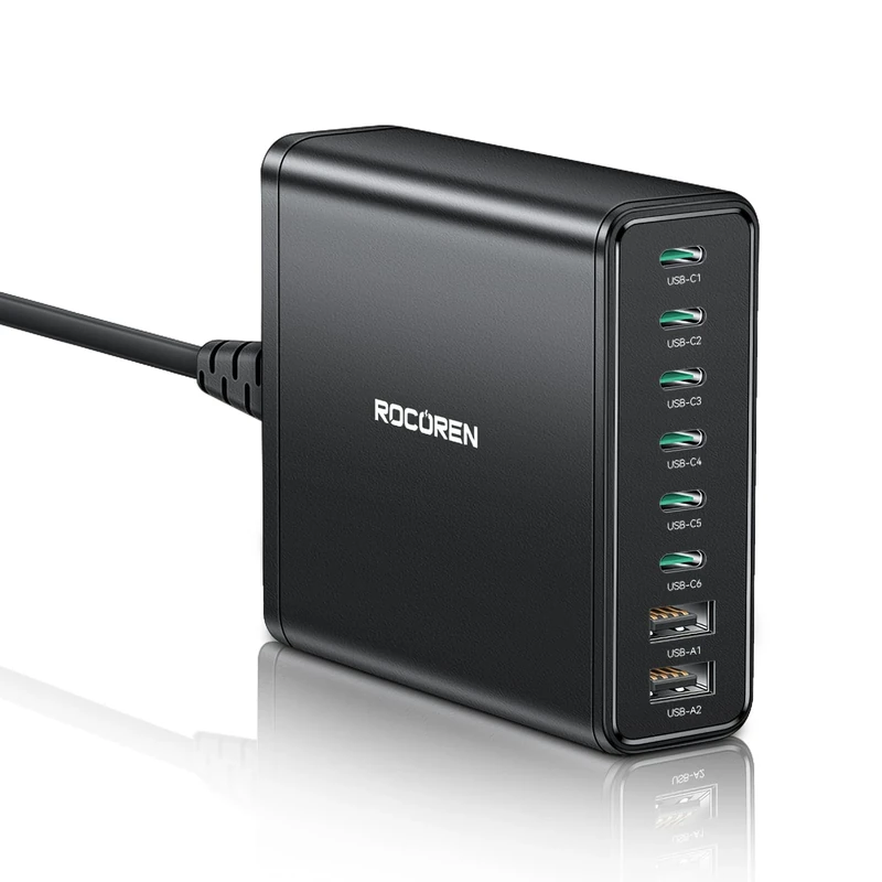 Rocoren USB C Charger Multi Port 340W, 8-Port PD100W QC4.0 PPS GaN Charging Station with 1.5m UK Extension Cord Compatible with MacBook Pro/Air M2, iPhone 16 Pro Max/15 Pro, Galaxy S24 Ultra, Laptop