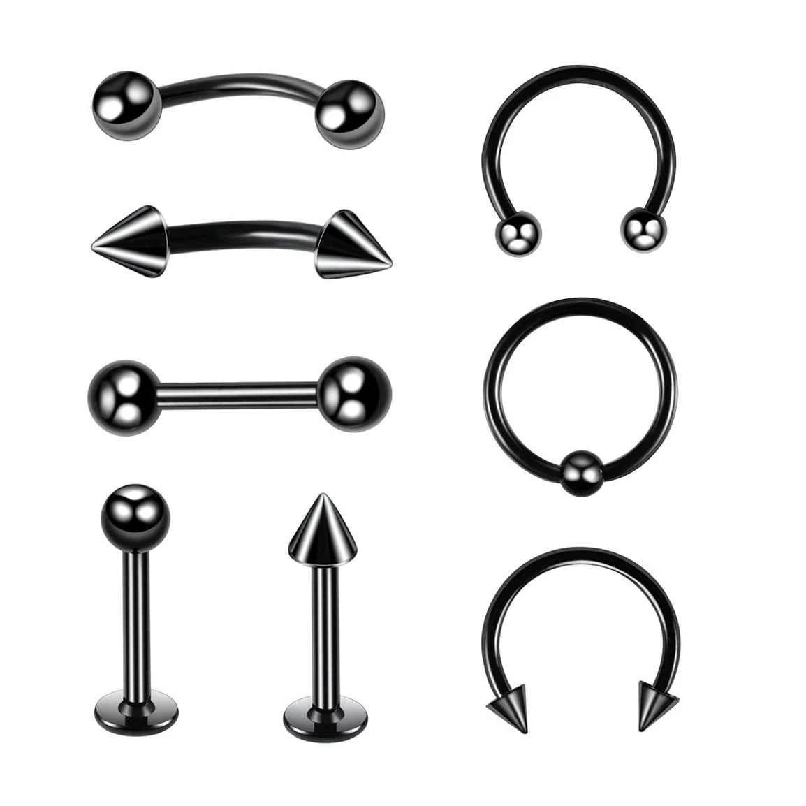 8 PCS 16G Black Surgical Steel Straight Curved Barbells Horseshoe Spike Snake Eyes Tongue Nipple belly Eyebrow Nose Rings Tragus Earring Cartilage Mouth Hoops Piercing Jewelry Women Men Rings