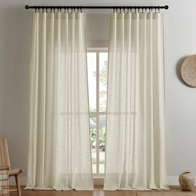 Joydeco Cream Linen Curtains, 2 Panel Sets, W52 x L72 Inch, Modern Pinch Pleat, Semi-Sheer, Light Filtering, Living Room