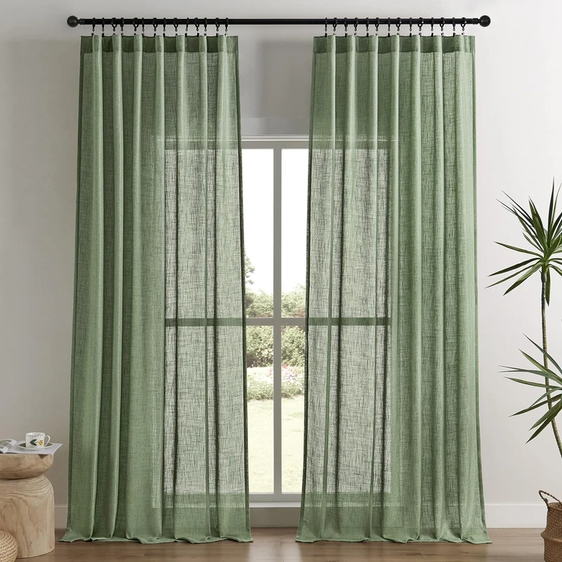 Joydeco Olive Green Linen Curtains for Living Room 108 Inch Length 2 Panels Set,Semi-Sheer Curtains 108 Inches Long,Pinch Pleated Long Window Treatments Curtain & Drapes(W52 x L108 Inch, Loden)