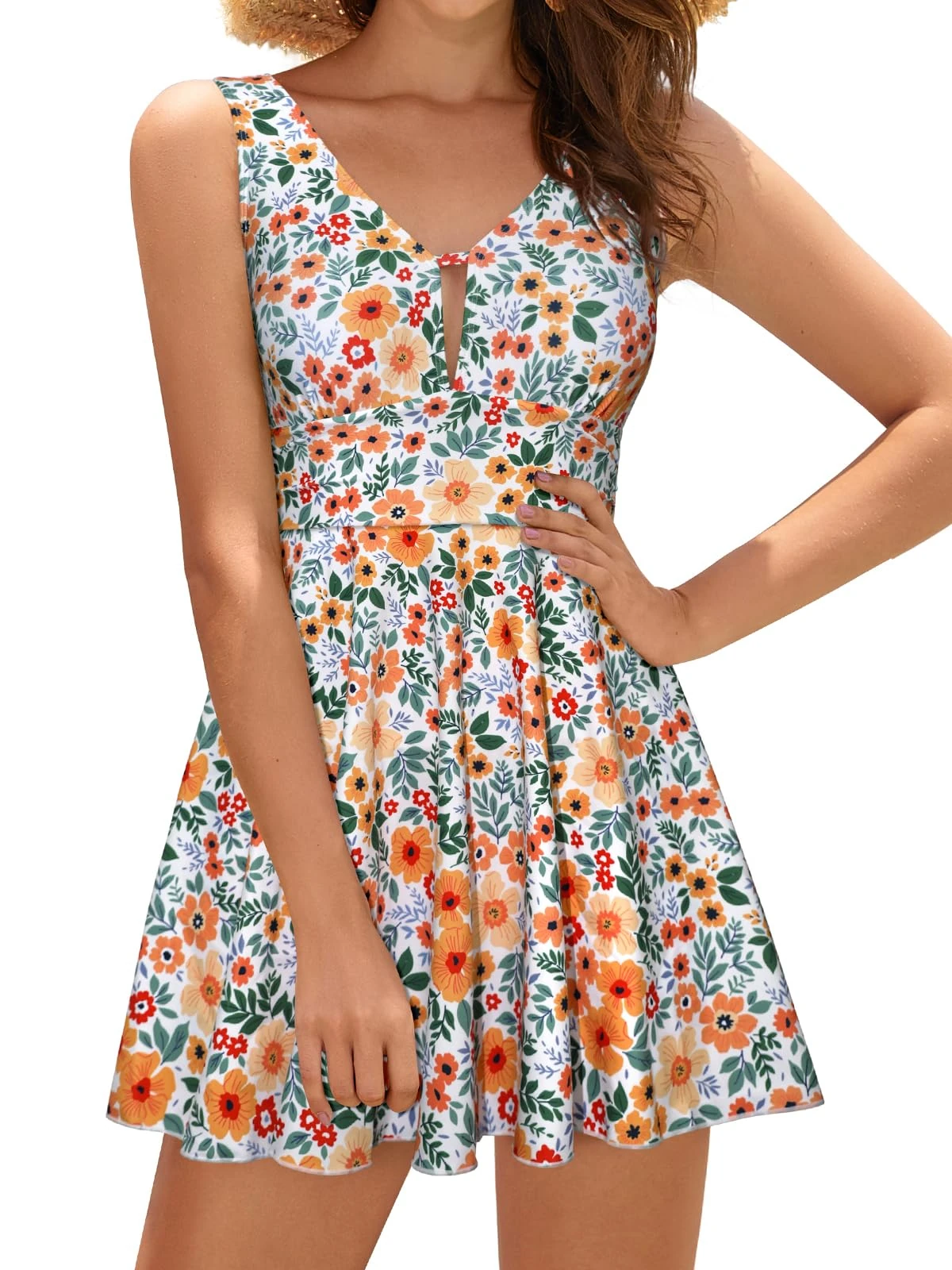 SHEKINI Women's Swim Dress One Piece Swimsuit Hollow Out Swimwear Padded Sexy V Neck Swimming Costume with Boyshort, Orange, L