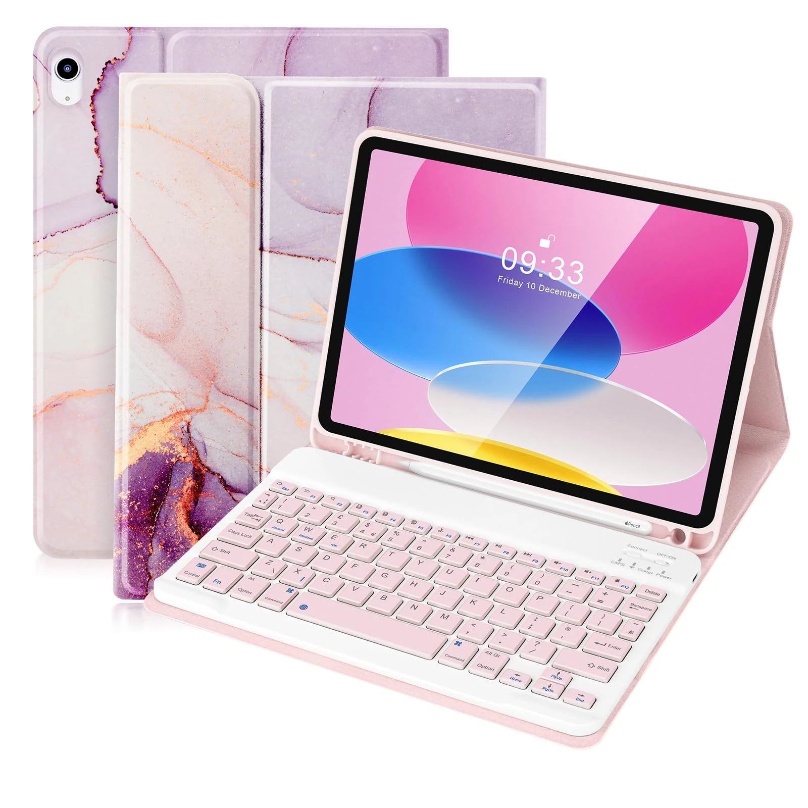 SOPPY Bluetooth Keyboard Case for New iPad 11th Gen. (A16) 11-inch 2025, 10th Generation 10.9 inch 2022, Detachable Wireless Keyboard, with Built-in Pen Holder, UK Layout, Purple Marble