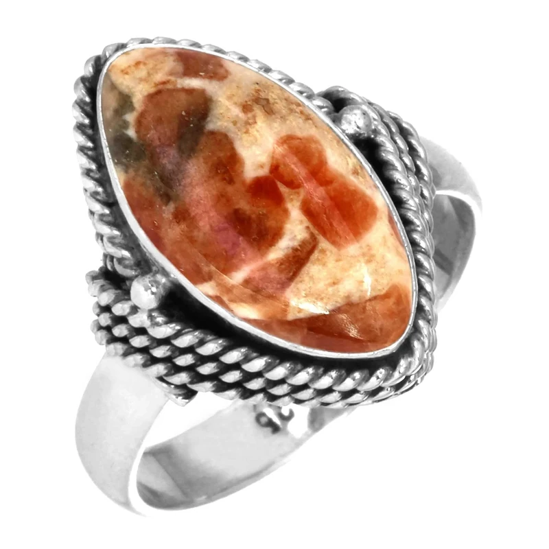 Jeweloporium Brown Garnet In Limestone Silver Ring Size R, 925 Sterling Silver Ring for Women, Natural Marquise Gemstone Handmade Jewellery