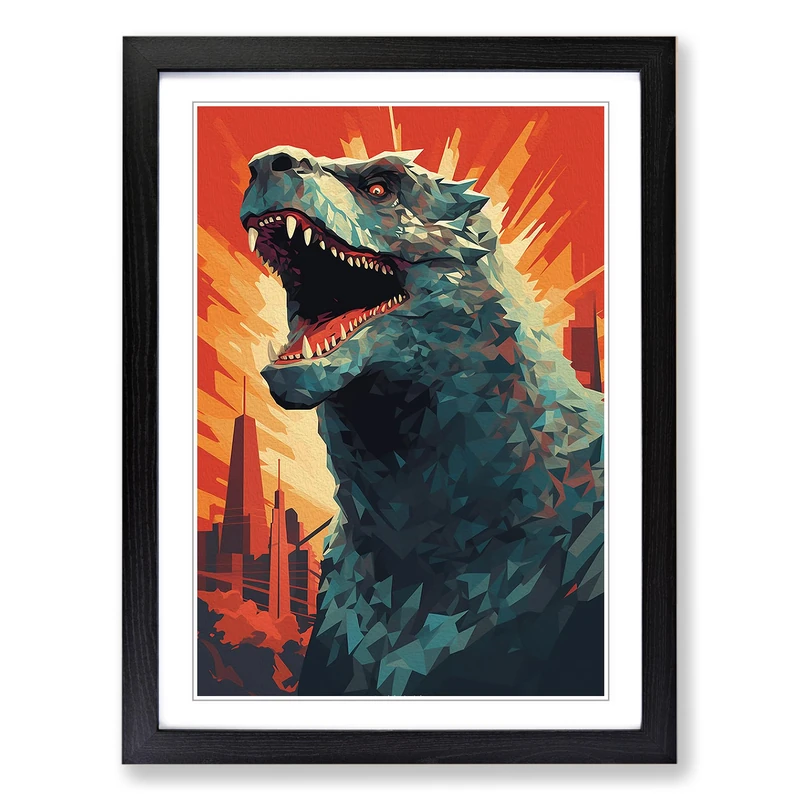 Godzilla Geometric Framed Print | A2 Black Framed Wall Art | Ready to Hang | Modern Fantasy Picture | Living Room Bedroom Lounge Office - Image 1