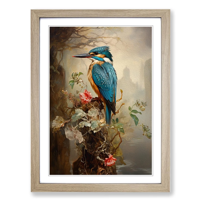 Kingfisher Victorian Framed Print | A2 Oak Framed Wall Art | Ready to Hang | Victorian Nature Picture | Living Room Bedroom Lounge Office - Image 1