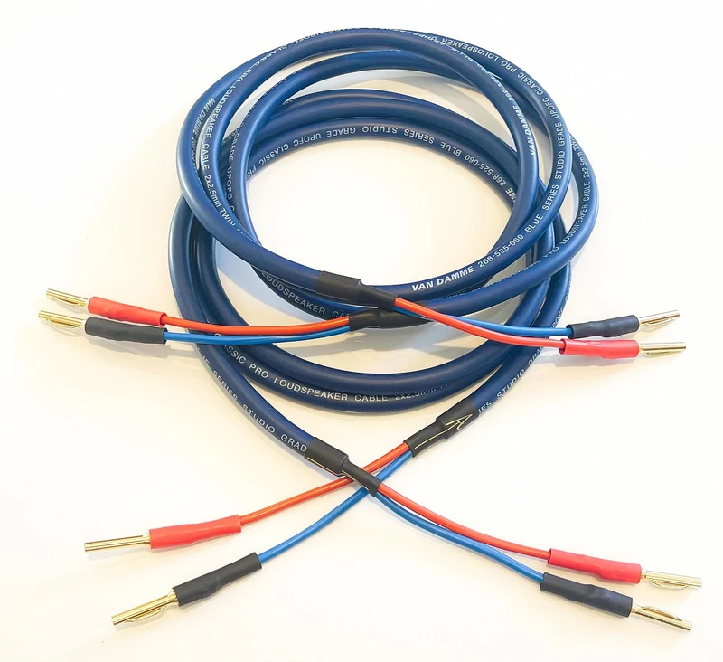 A1 Sound Van Damme Blue Series 2.5 mm Sq Studio Grade UPOFC Classic Pro Loud Speaker Cable Pair, 2 cables Terminated with Gold Plated 4mm Banana Plugs, 8 plugs in total. (4 Metre Pair)