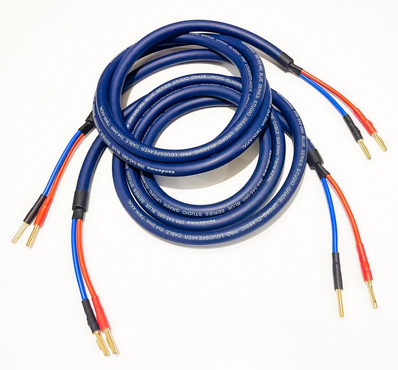 A1 Sound Van Damme Blue Series 4 mm Sq Studio Grade UPOFC Classic Pro Loud Speaker Cable Pair, 2 cables Terminated with Gold Plated 4mm Banana Plugs, 8 plugs in total. (2 metre pair)