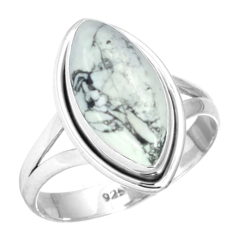 Jeweloporium White Howlite Silver Ring Size P, 925 Sterling Silver Ring for Women, Natural Marquise Gemstone Handmade Jewellery - Image 1