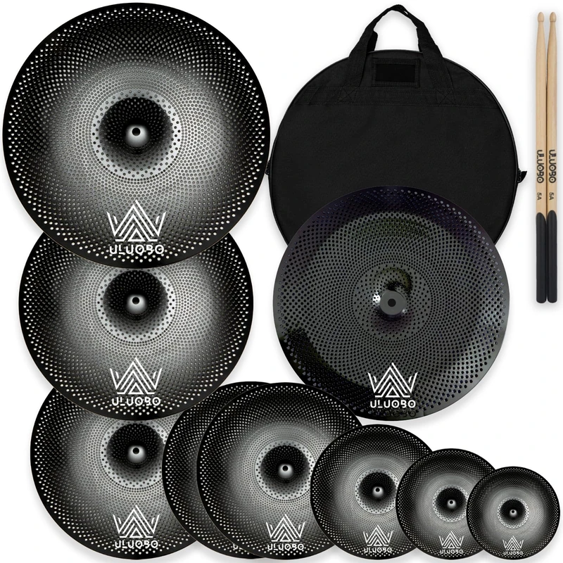 ULUOBO Low Volume Cymbal Pack, Silent Cymbals, Quiet Cymbals Set for Drummer Practice, 6/8/10''Spalsh+14''Hihat+16"Crash+18''Crash+18''China+20"Ride, 9 Pieces, Black
