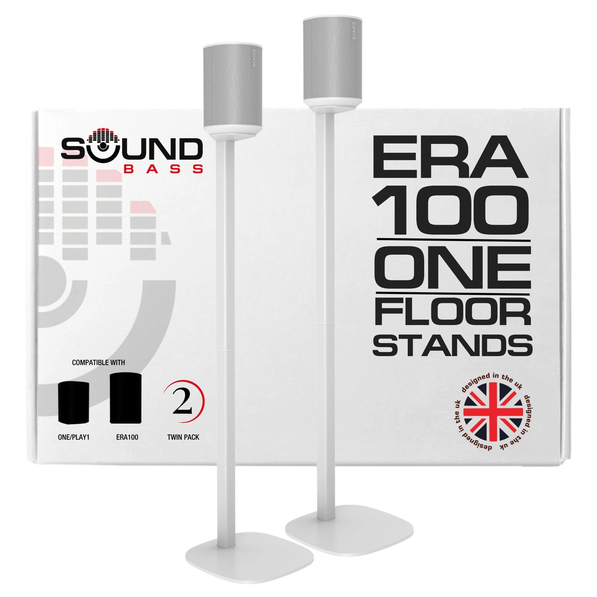 ERA100 Floor Stand, Twin (2pcs), Compatible with Sonos ERA 100, Sonos One or Play 1 Speakers, Accessories Included. Designed in The UK, Double, Pair (White)