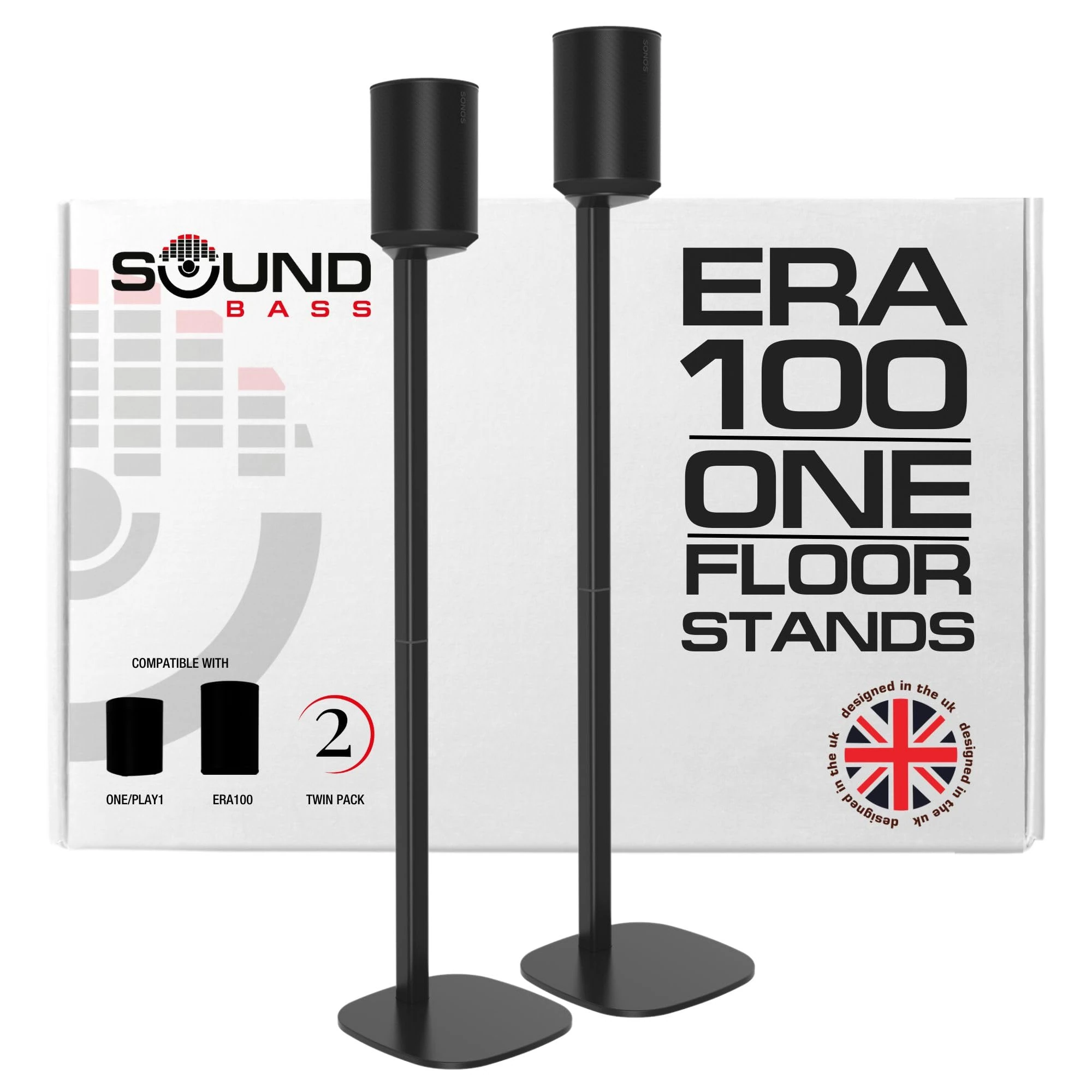 ERA100 Floor Stand, Twin (2pcs), Compatible with Sonos ERA 100, Sonos One or Play 1 Speakers, Accessories Included. Designed in The UK, Double, Pair (Black)
