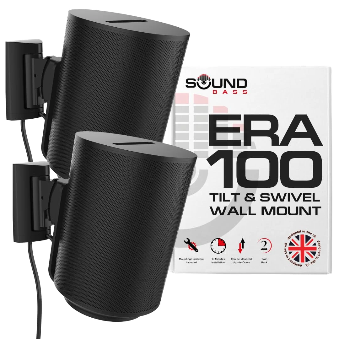 Sound bass ERA100 Wall Mount Bracket, Tilt and Swivel, Black, Twin (2pcs), Compatible with Sonos ERA 100, Effortless Installation, Includes Mounting Kit, Double, Pair