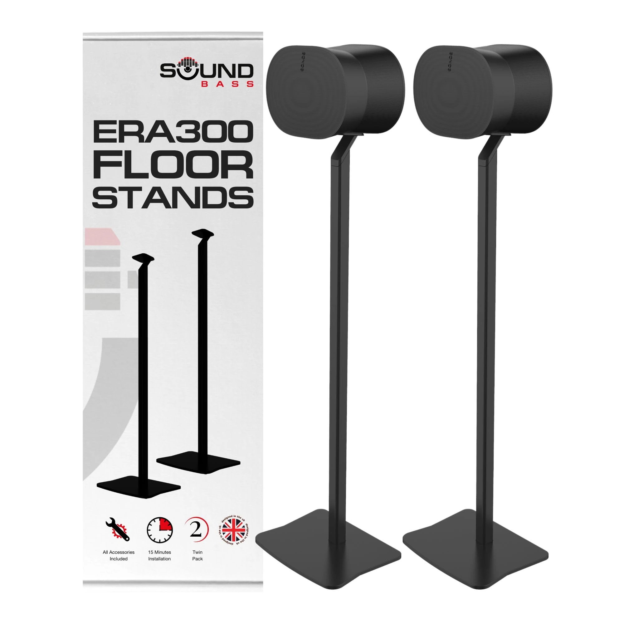 ERA300 Floor Stand, Premium Metal Design, Twin Pack (2pcs), Black, Compatible with Sonos ERA 300 Speaker, Accessories Included, Cable Management, Designed in the UK, Double, Pair