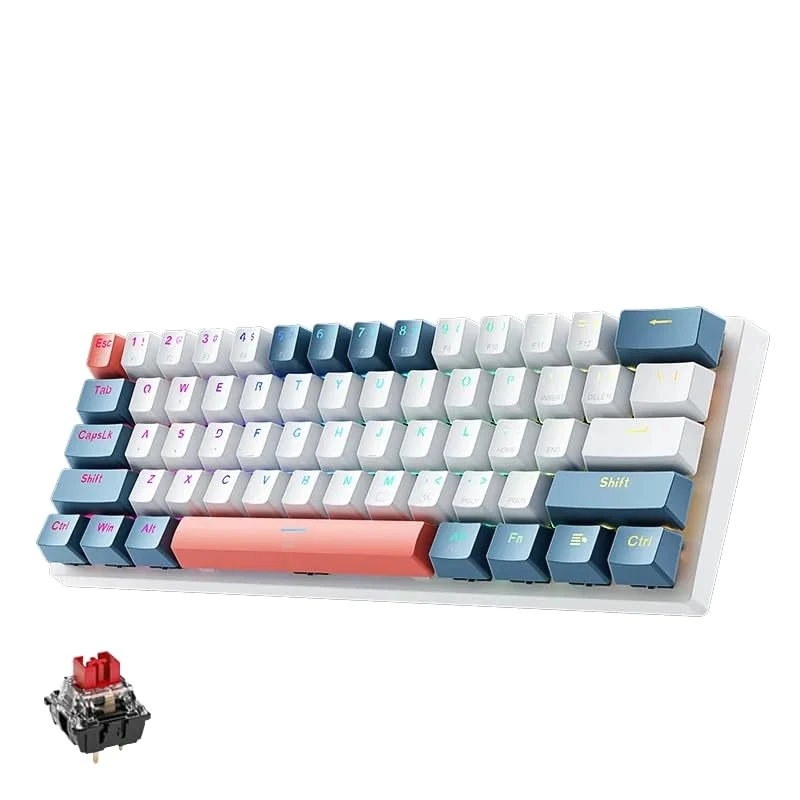 GAREGEAR K500 60% Wired RGB Gaming Keyboard, 61 Keys Compact Mechanical Keyboard w/White & Blue Mixed-Colored Keycaps, Linear Red Switch, Pro Driver Support (Red Switch)