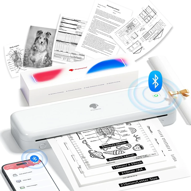 Phomemo M834 Thermal Printer, Portable Printer A4 Compatible with Phone & Laptop, Bluetooth Mobile Printers for Home Use, Inkless Printers for Office, Photo, Home, School, Outdoor, White