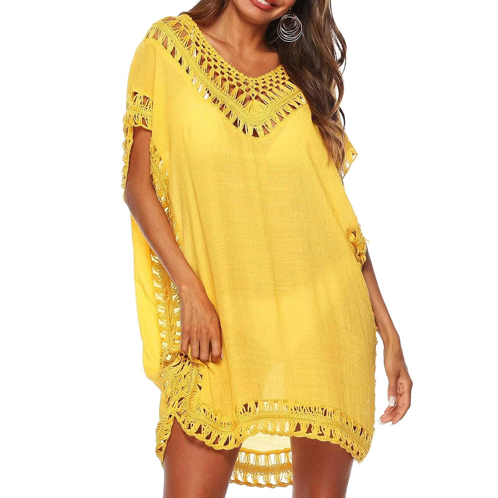 Qianderer Women Cover Up Beach Dress Hollow Out Beachwear Bikini Swimsuit Bathing Suit Cover Ups Dress (Yellow, One Size)