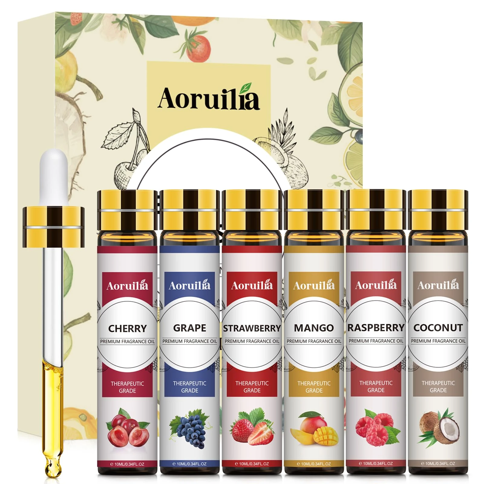 Aoruilia 6 x 10ml Fruity Essential Oils Set for Aromatherapy, Diffuser, Home Fragrance, Relaxing, Candle Making - Strawberry, Coconut, Raspberry, Grape, Mango, Cherry