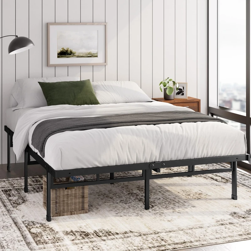 Zinus Justin Kingsize Bed Frame - 5ft (150 x 200 cm) - 14.2'' Height - Metal Bed Base with Steel Slat Support - Storage Space Underneath - Easy Assembly - Black