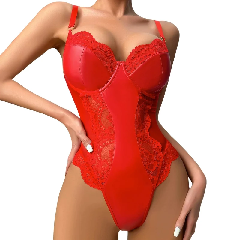 Belly Dancing Outfit - White Cut Out Corset Top Bodystocking with Red Thongs - Sexy Matching Family Pyjamas for Women Christmas Costume