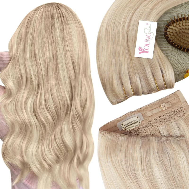 YoungSee Wire Hair Extensions 16inch 80g Wire Human Hair Extensions Ash Blonde Highlights Bleach Blonde Human Hair Extensions Wire Blonde for Wedding Invisible One Piece