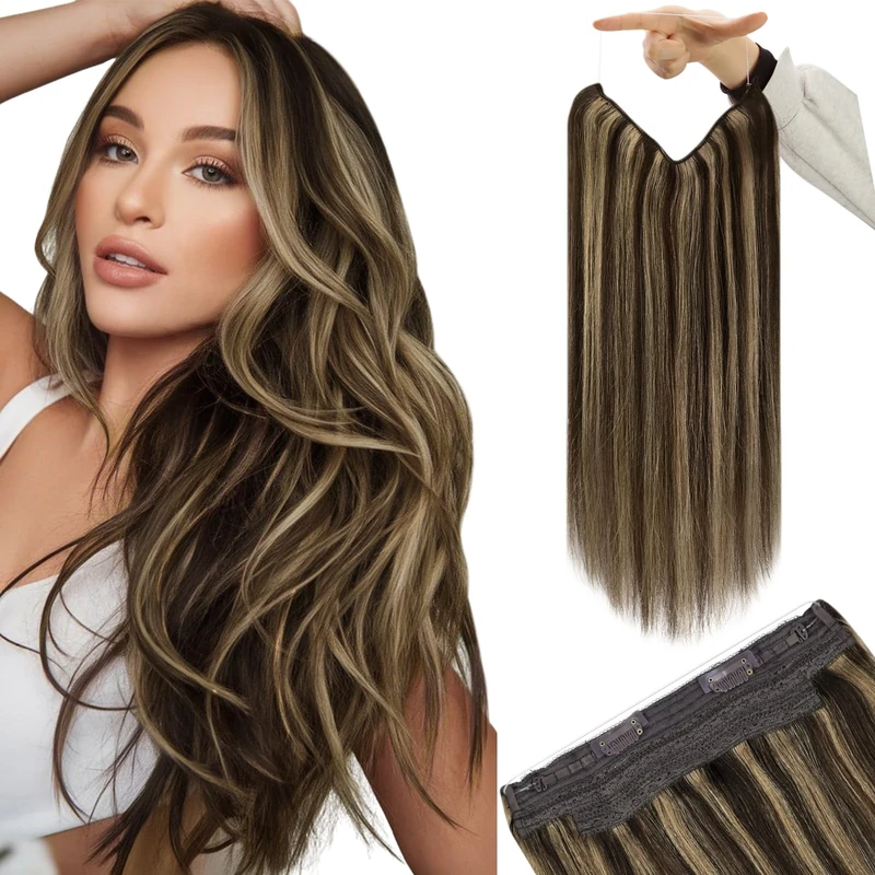 YoungSee Wire Hair Extension Brown 18inch Invisible Wire Extensions Real Human Hair Balayage Chocolate Brown Mix Caramel Blonde Wire Human Hair Extensions for Women 80g Secret One Piece