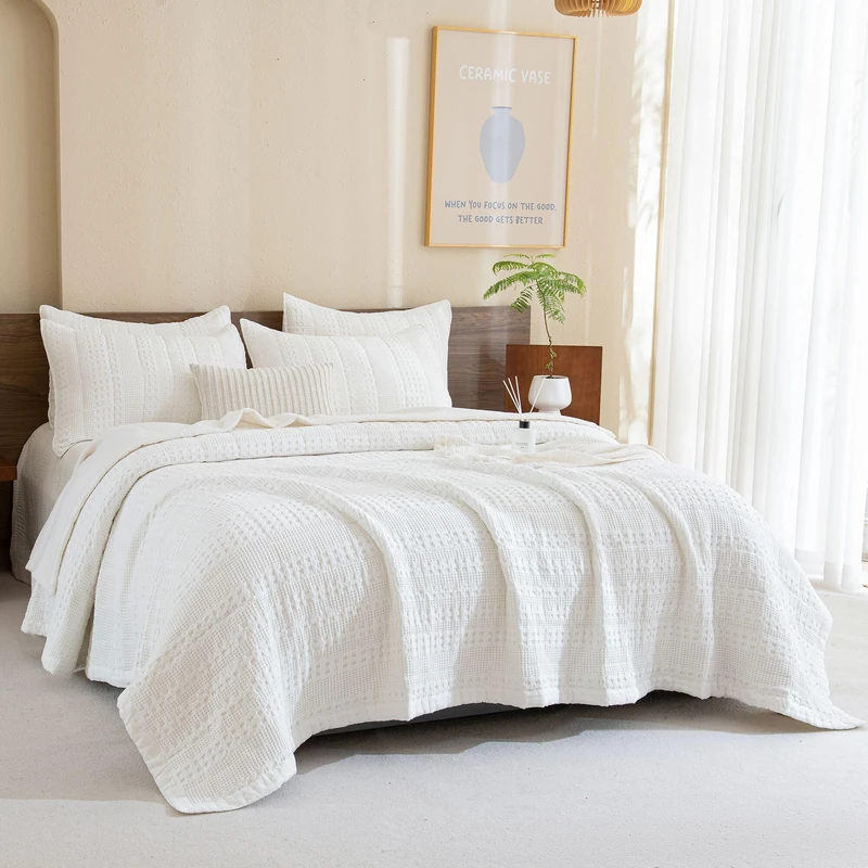 CozyTide Oversized King Quilt 120"x120",Cotton Waffle Weave White California King Bedspread,Lightweight Farmhouse Shabby Ultra Soft Oversized King Coverlet Set 3 Pieces