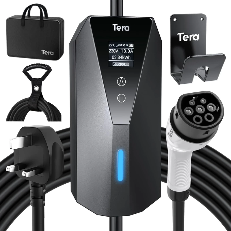 Tera EV Charger Portable Type-2: EV Wallbox for Outdoor Charging 7meter Charging Label 13A 3kW UK 3PIN Plug Adjustable Strom IP66 LCD Screen with Cable Holder Storage Bag P02 Black
