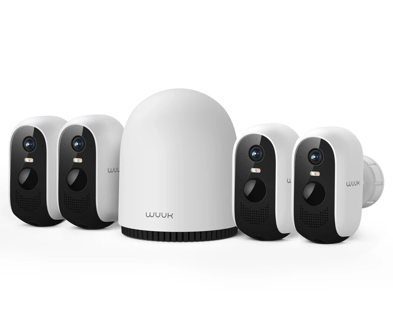 WUUK Security Camera Outdoor Wireless, Indoor Camera, House Surveillance System, 2K, No Monthly Fee, Motion Alert, Night Vision, 2.4/5 GHz WiFi, Compatible with Alexa & Google, Homebase + 4-Camera Kit