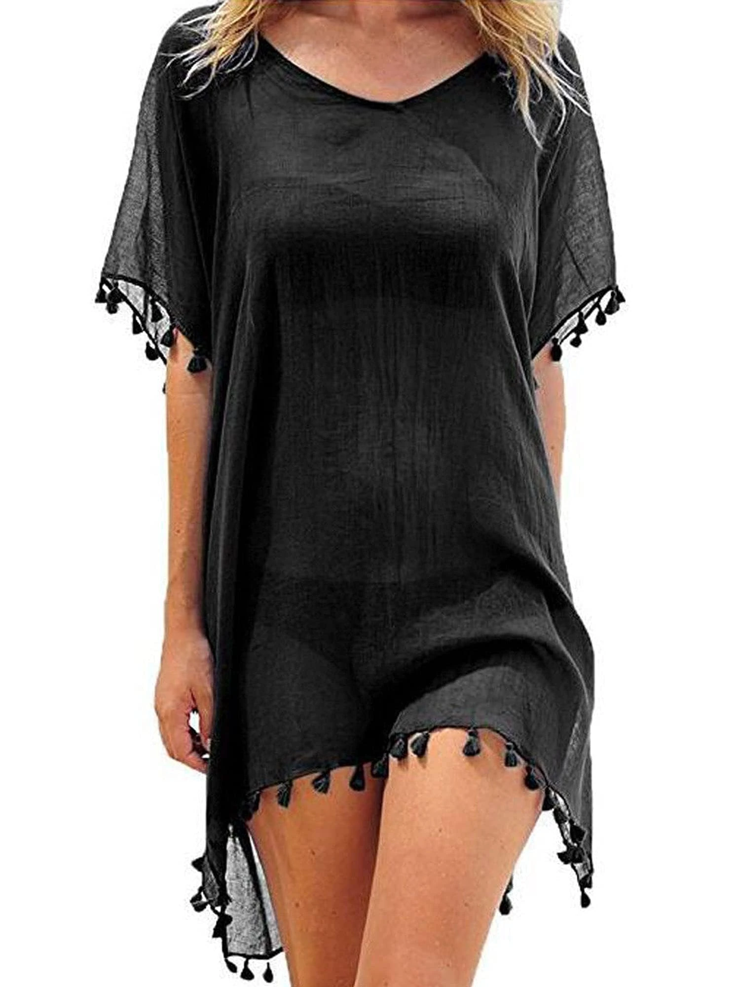 Qianderer Women Cover Ups Beachwear Crochet Hollow Out Beach Dress Summer Bikini Swimsuit Cover Up Bathing Suit (Black, One Size)