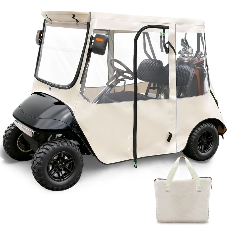RIZINKART Golf Cart Enclosure Cover for Ezgo TXT 2 Seat 600D with 3 Door Zippers, Security Side Mirror Reserved, Waterproof Portable Transparent Storage Driving Rain Cover Short Roof