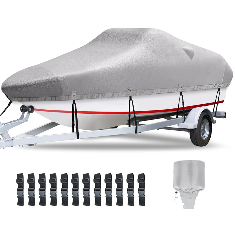 Plscoverit Boat Cover, 17'-19' Heavy Duty 1200D Polyester Canvas Trailerable Boat Covers, UV Resistant Waterproof Bass Boat Covers with Motor Cover, Fits V-Hull Tri-Hull Boat, Runabout, Fish&Ski Boat