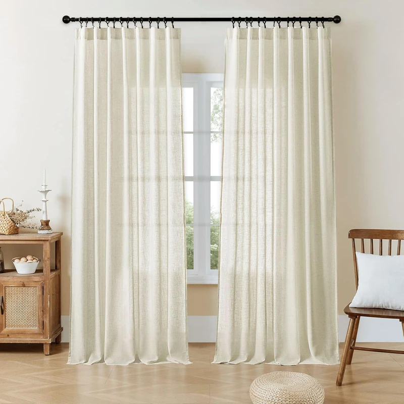 Joydeco Linen Curtains for Living Room,Semi-Sheer Curtains 90 Inches Long,Living Room Light Filtering Drapes 2 Panel Sets, White Pinch Pleated Drapes(W52 x L90 Inch, Off-White)