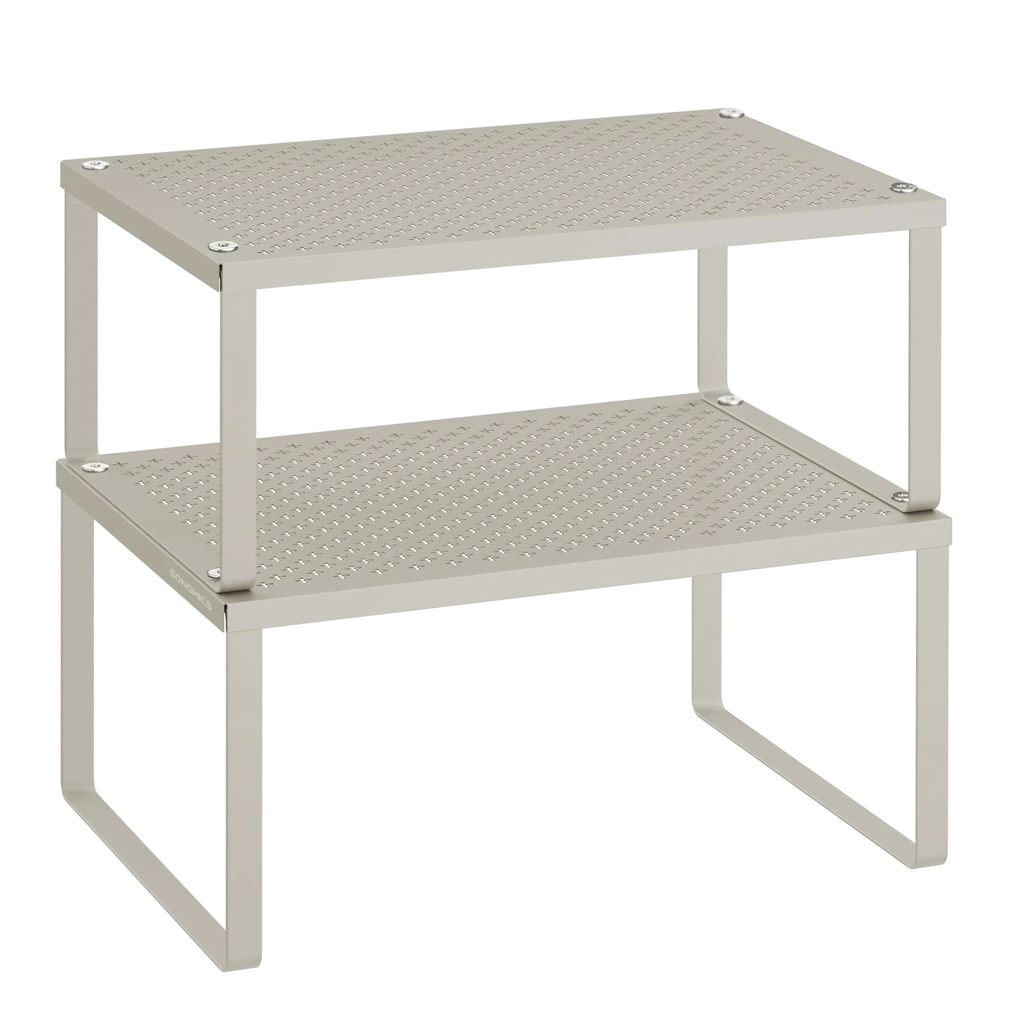 SONGMICS Spice Racks, Set of 2 Cupboard Organisers, Kitchen Storage, Stackable, Expandable, Metal Counter Shelves, Oatmeal Beige KCS001K01