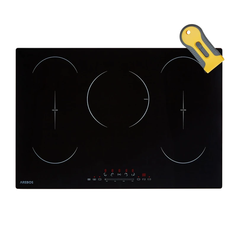 Arebos induction hob | 9800 W | 5 hobs with 2 flex zones | 77 cm | self-sufficient | with Sensor Touch, timer, childproof lock, overheating protection, auto shut-off