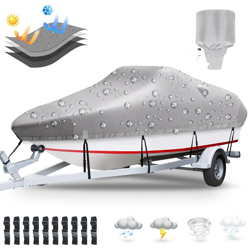 Plscoverit Trailerable Boat Cover, 20'-22' Heavy Duty 1200D Polyester Canvas Boat covers, UV Resistant Waterproof Bass Boat Covers with Motor Cover, Fits V-Hull Tri-Hull Fish & Ski Boat Boat, Runabout