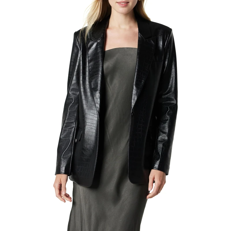 The Drop Women's Anouk Faux-Leather Long Blazer, Black Croc, S