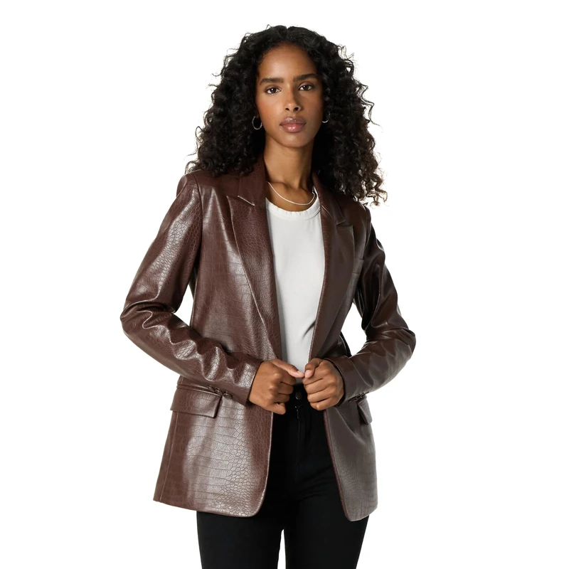 The Drop Women's Anouk Faux-Leather Long Blazer, Chocolate Croc, XL - Image 1