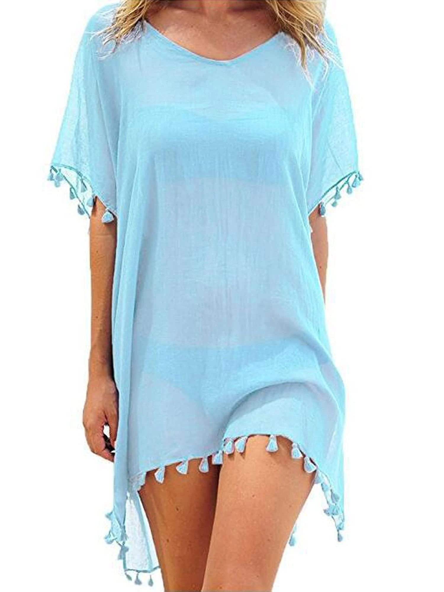 Qianderer Women Cover Ups Beachwear Crochet Hollow Out Beach Dress Summer Bikini Swimsuit Cover Up Bathing Suit (Light Blue, One Size)