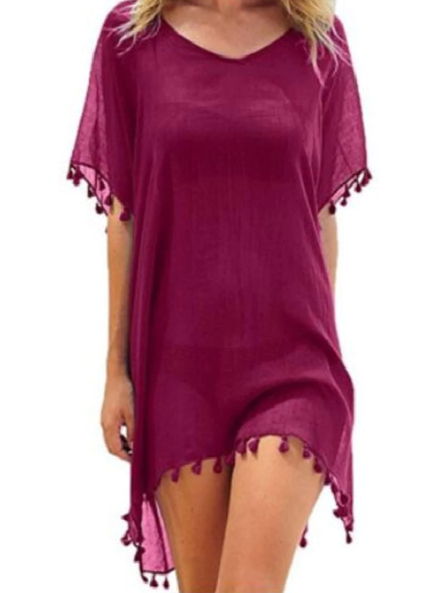 Qianderer Women Cover Ups Beachwear Crochet Hollow Out Beach Dress Summer Bikini Swimsuit Cover Up Bathing Suit (Dark red, One Size)