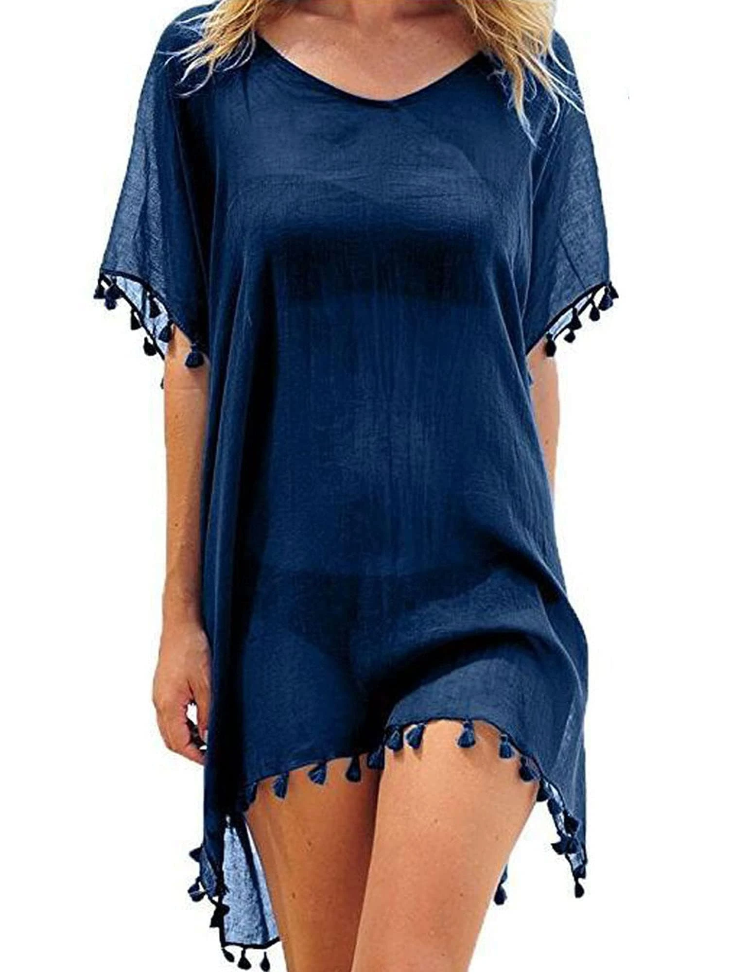 Qianderer Women Cover Ups Beachwear Crochet Hollow Out Beach Dress Summer Bikini Swimsuit Cover Up Bathing Suit (Dark Blue, One Size)